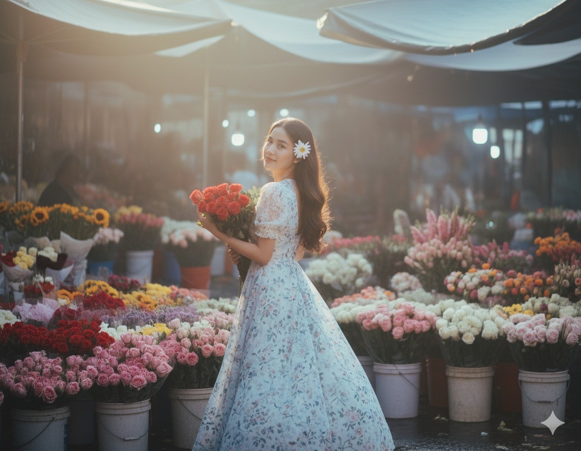 Dáng chụp tương tác với hoa và không gian