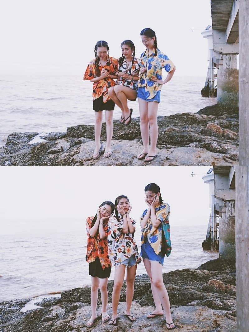 tạo dáng chụp ảnh nhóm đi biển