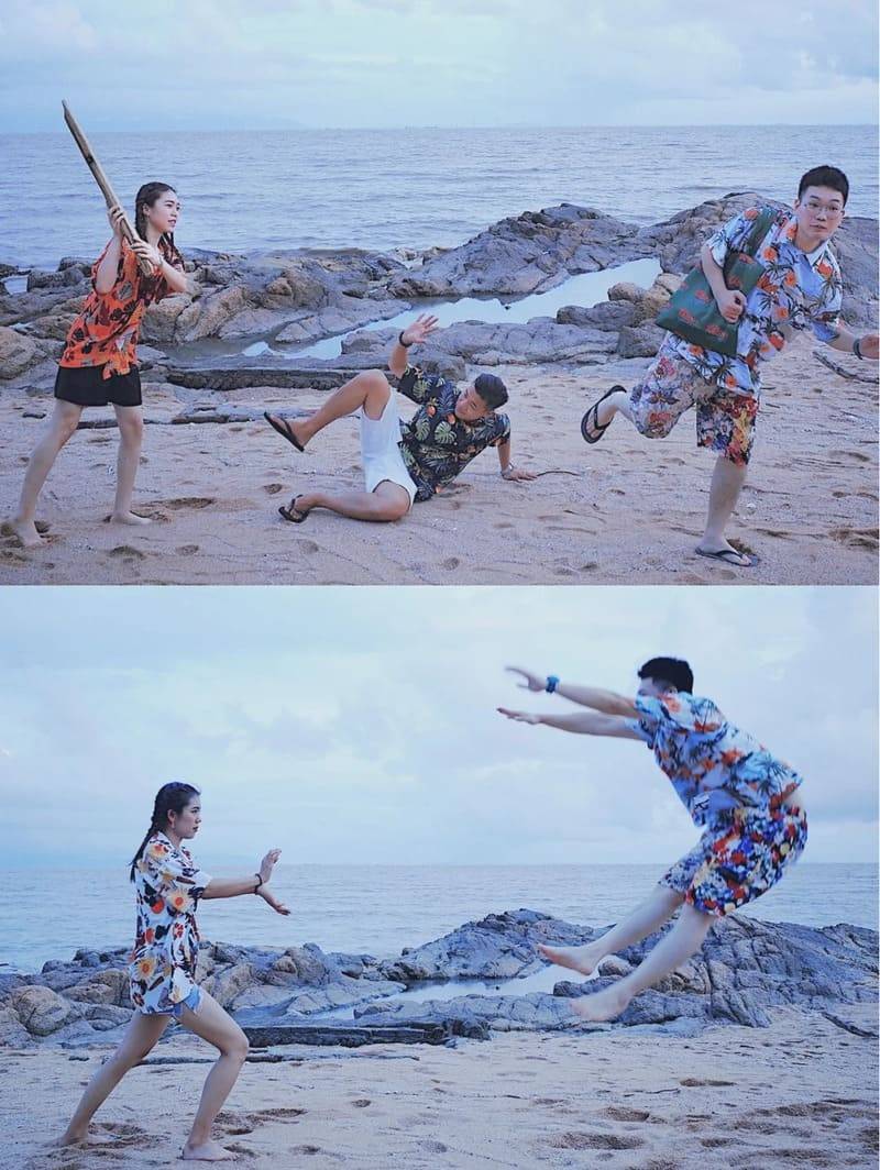 tạo dáng chụp ảnh nhóm đi biển