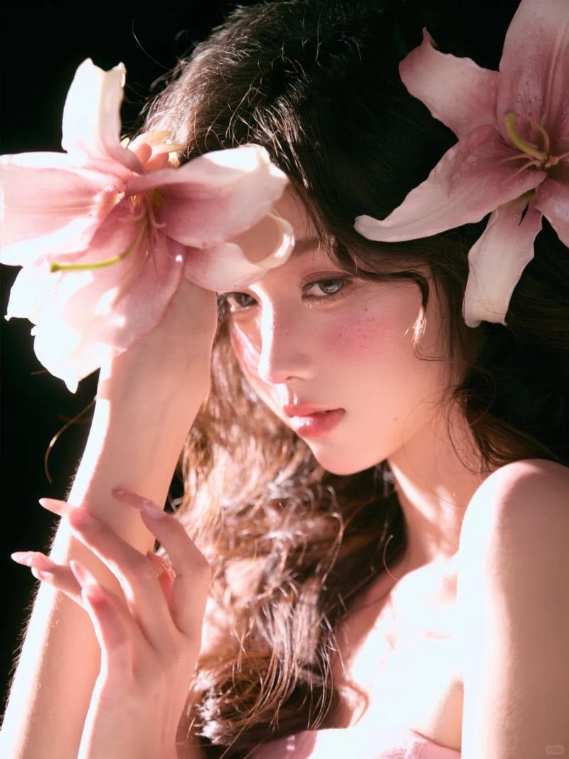 1. Tư thế dùng hoa che trán, ánh mắt mơ màng