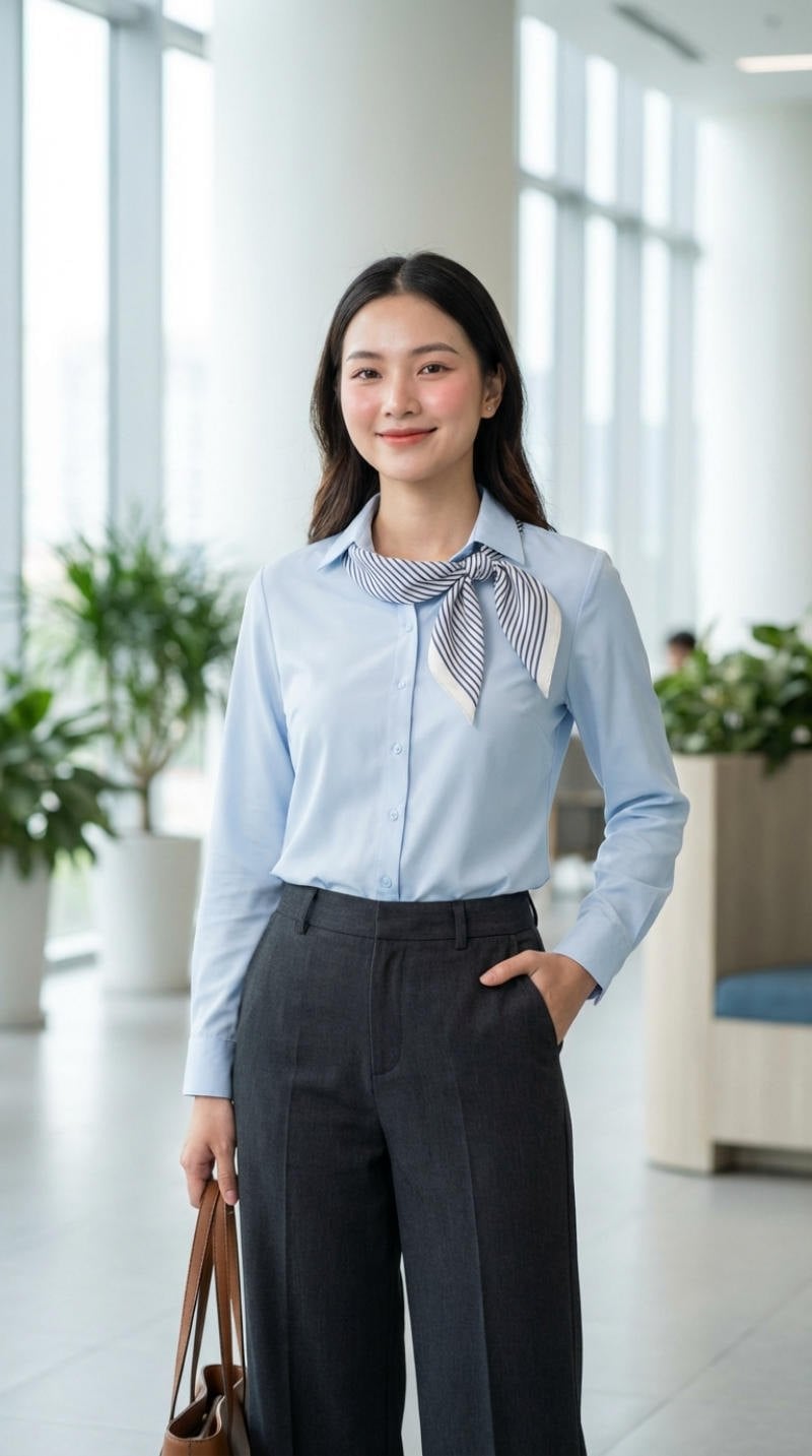 Áo sơ mi nữ và khăn thắt nơ