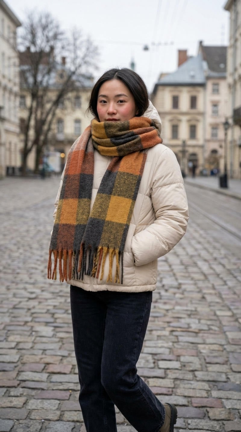 Áo phao nữ và khăn quàng to bản