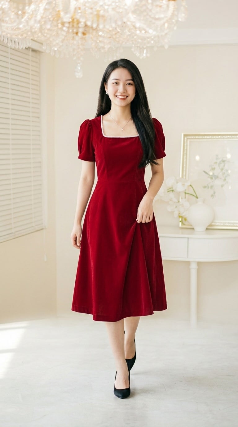 Đầm nhung đỏ cổ vuông đính ngọc trai