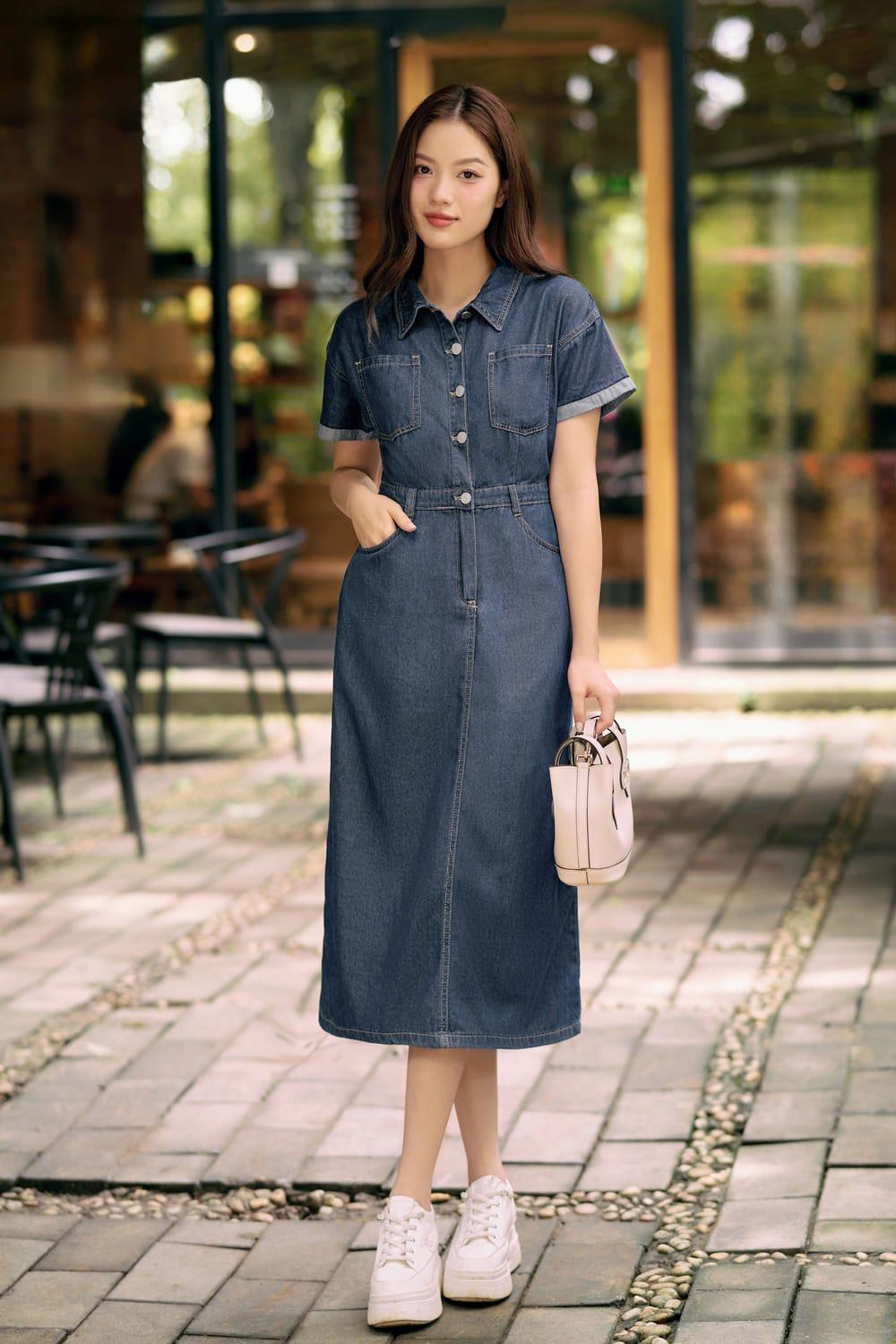 Đầm denim chiết eo sành điệu