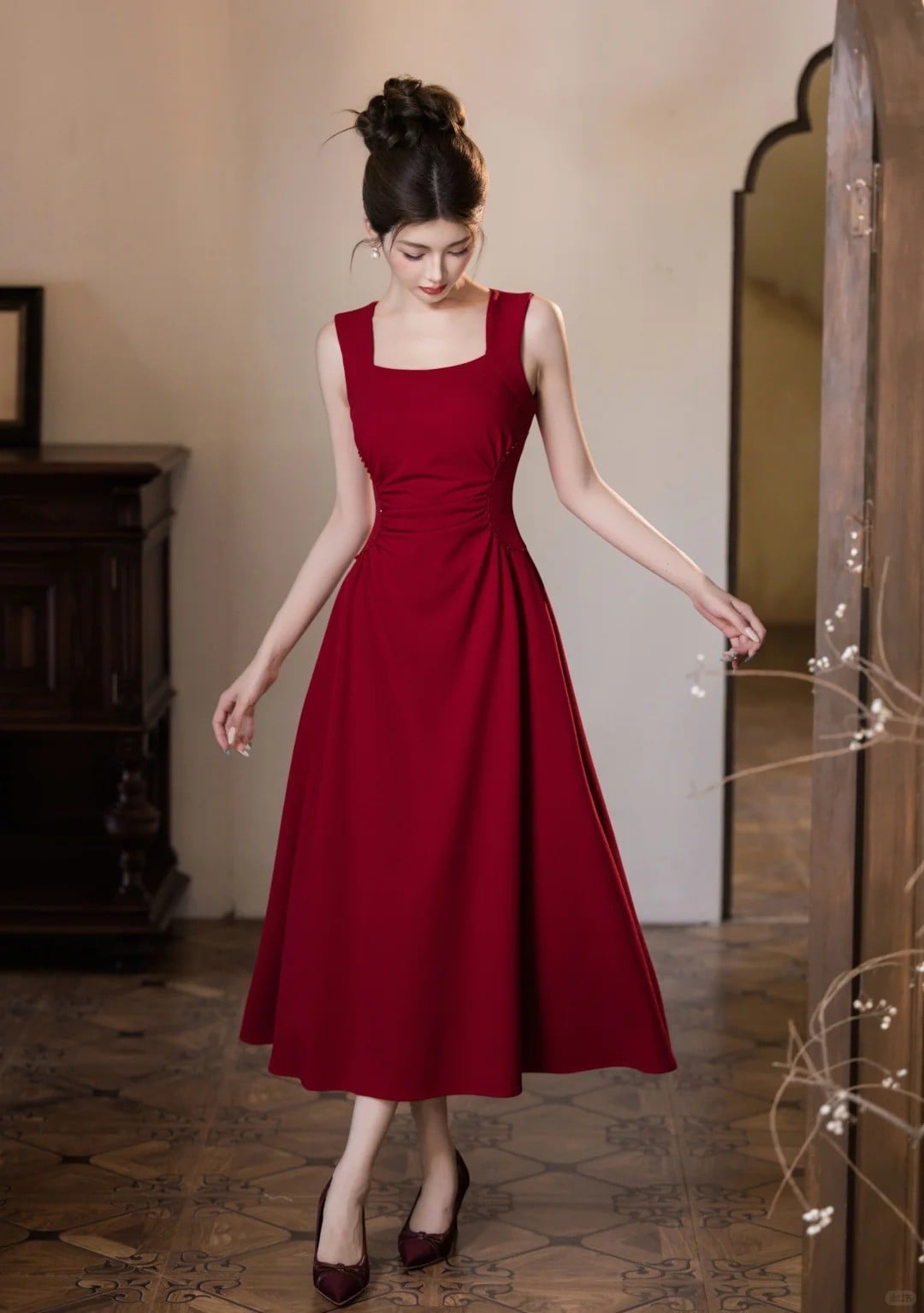 Đầm dạ chiết eo chữ A dáng dài