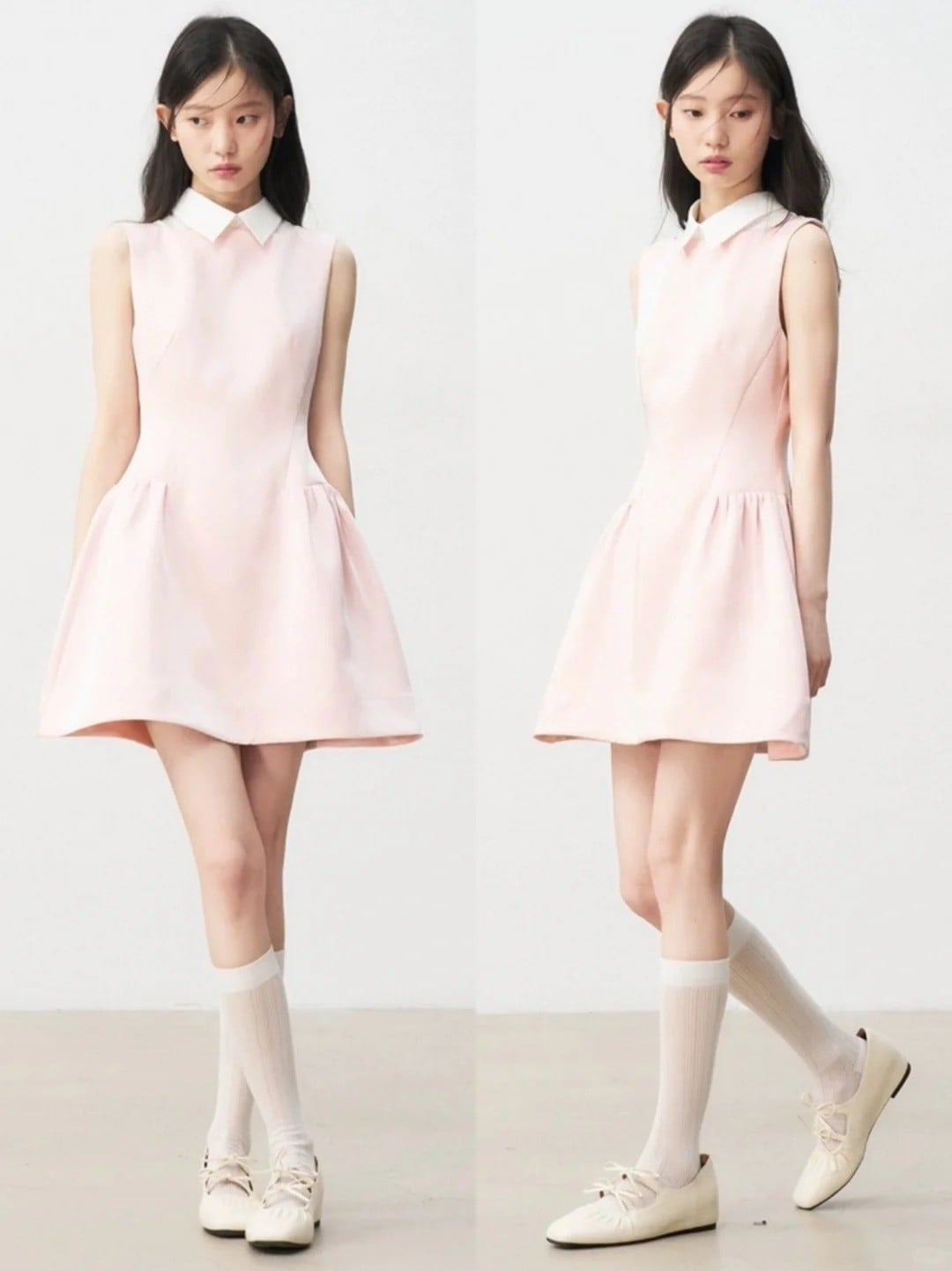 Đầm cotton pastel chữ A cổ sơ mi trắng