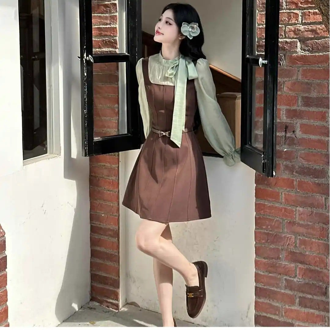 Đầm phối sơ mi chữ A thắt eo