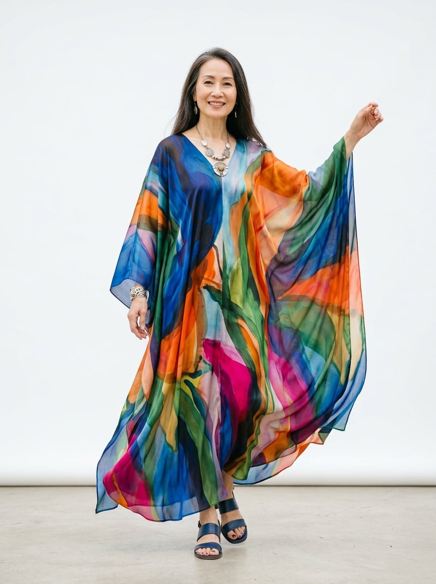 Đầm dáng rộng Kaftan phối họa tiết to bản