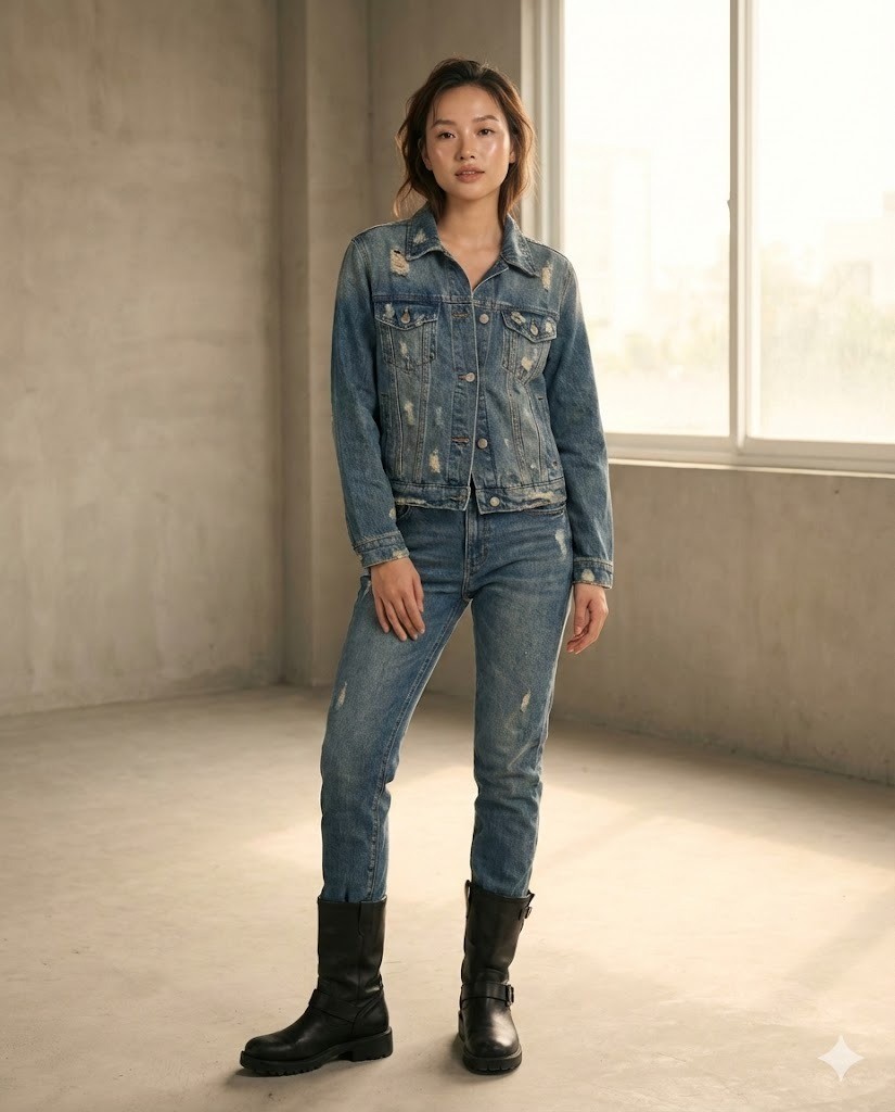 Set đồ Denim-on-Denim bụi bặm