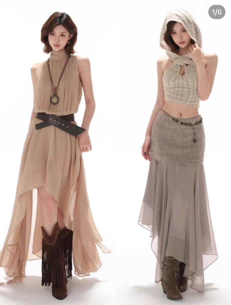 Váy maxi bất đối xứng và bốt tua rua