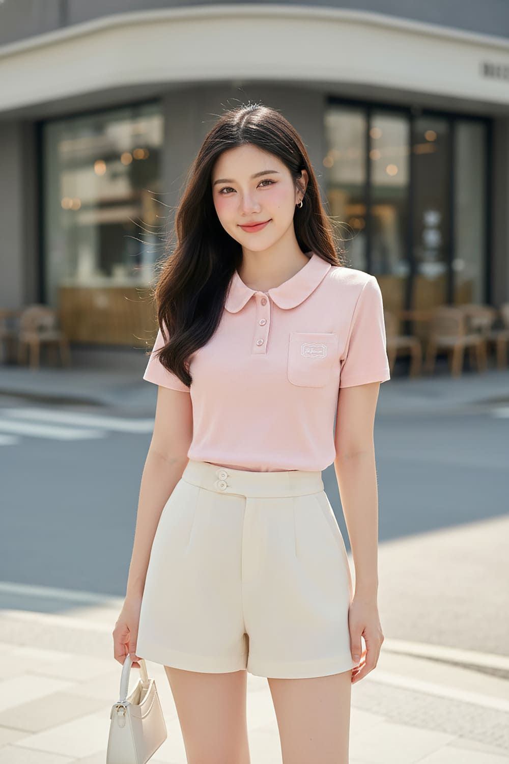 Áo polo hồng và quần short kem