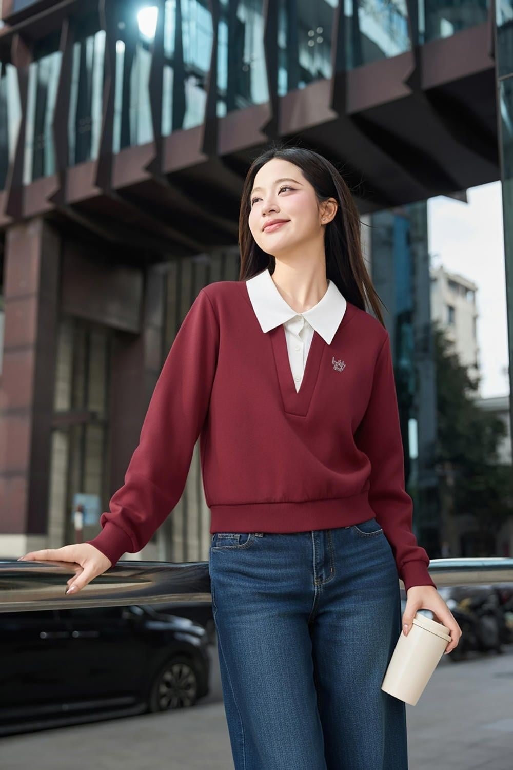 Áo sweater cổ Polo đỏ đô