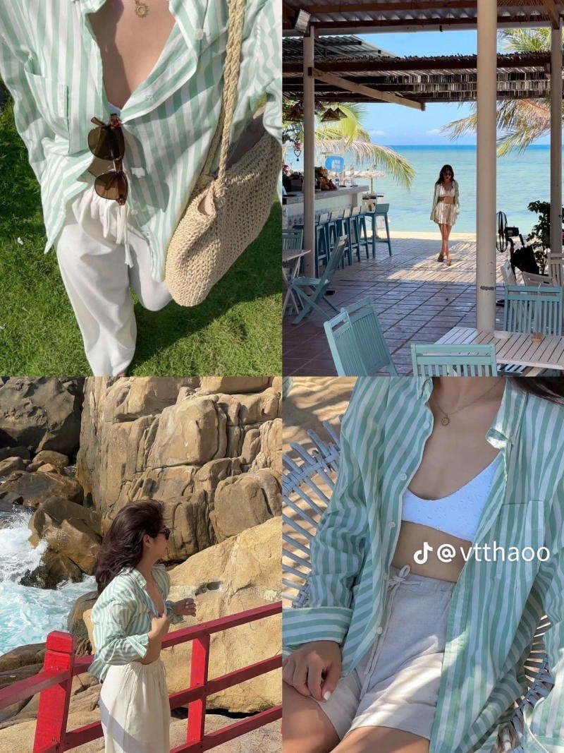 Thanh lịch cùng sơ mi sọc xanh và quần trắng