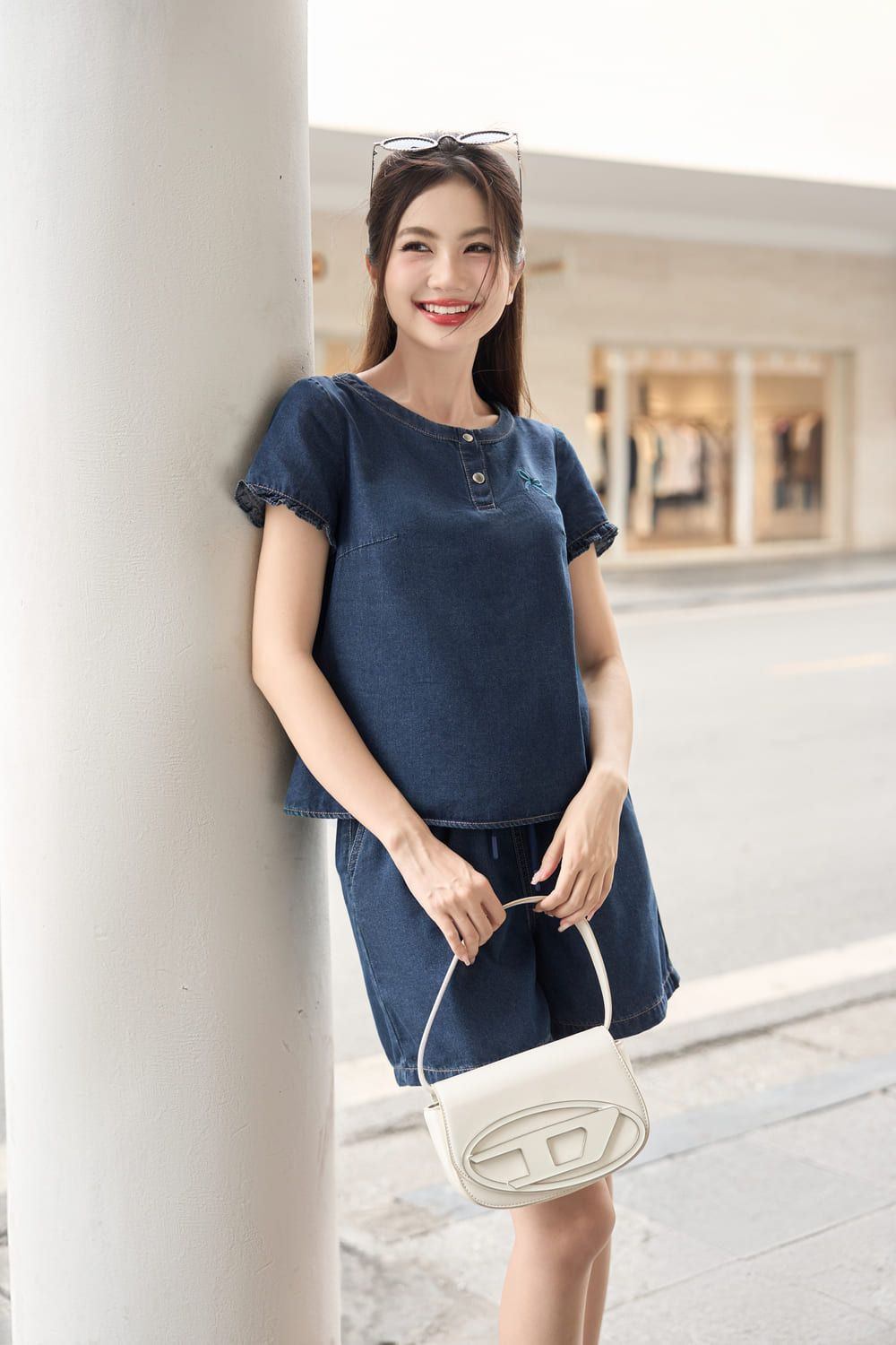 Bộ denim áo cộc tay quần short