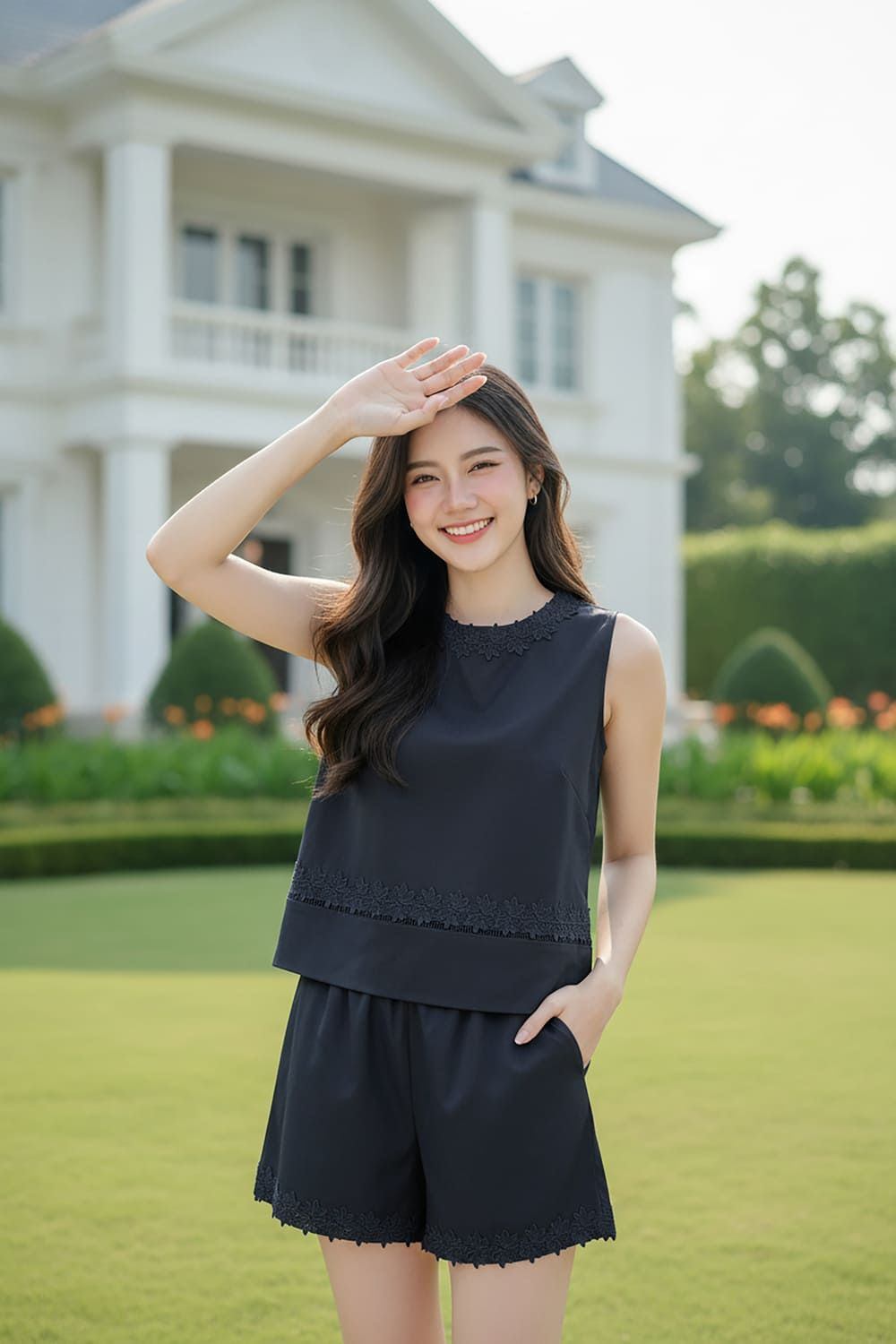 Set bộ đồ&nbsp;áo sát nách và quần đùi short&nbsp;thun lụa viền ren hoa