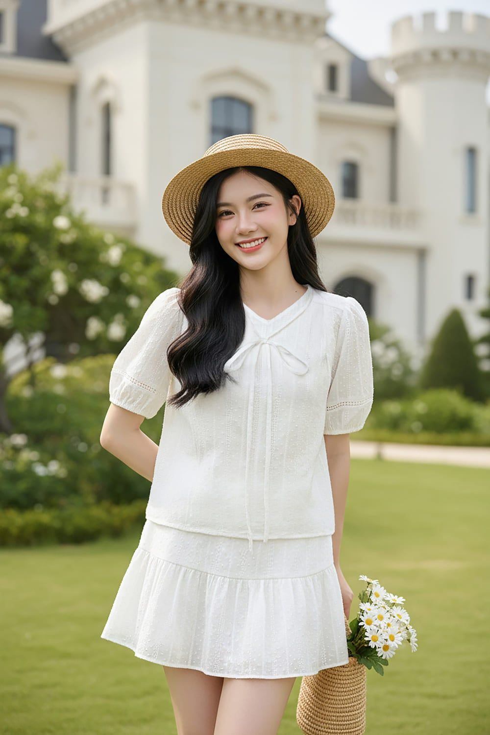 Set tay bồng thắt nơ và chân váy ngắn