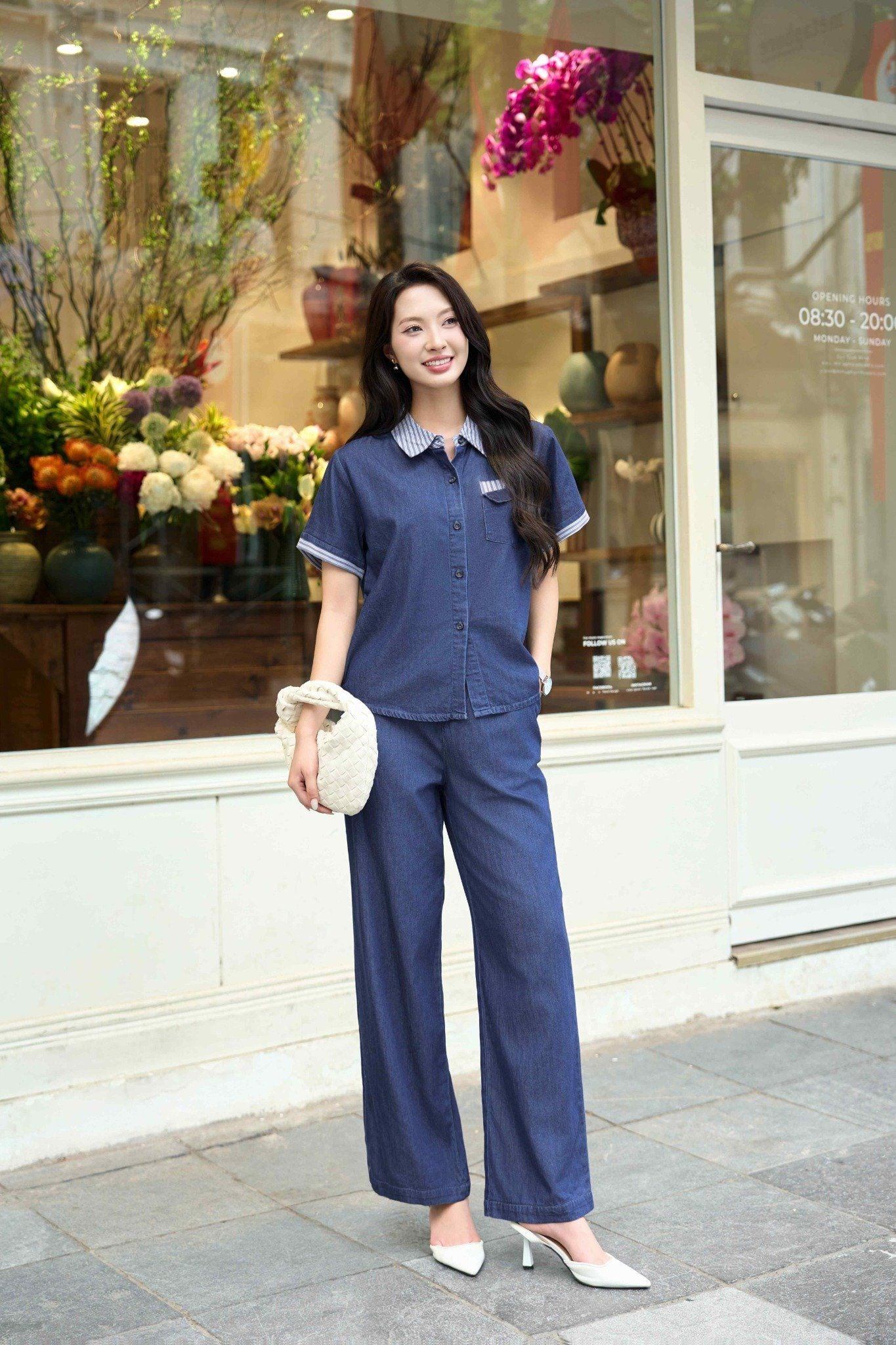 Set áo sơ mi cộc tay và quần suông dài