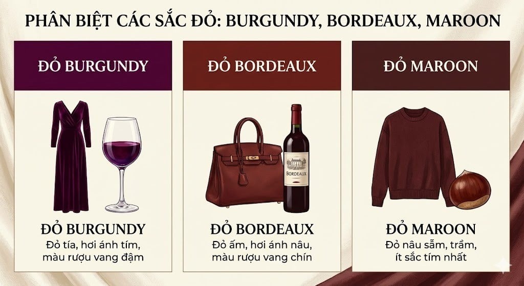 Phân biệt Đỏ Burgundy, Đỏ Bordeaux và Đỏ Maroon