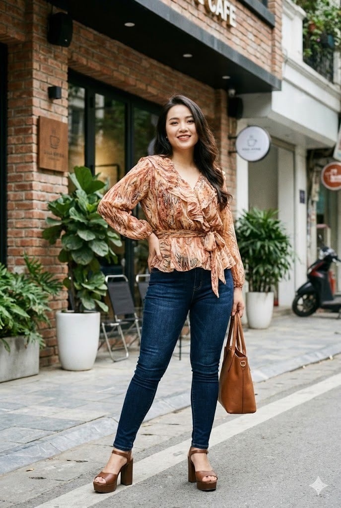 Legging giả jean&nbsp;và áo kiểu