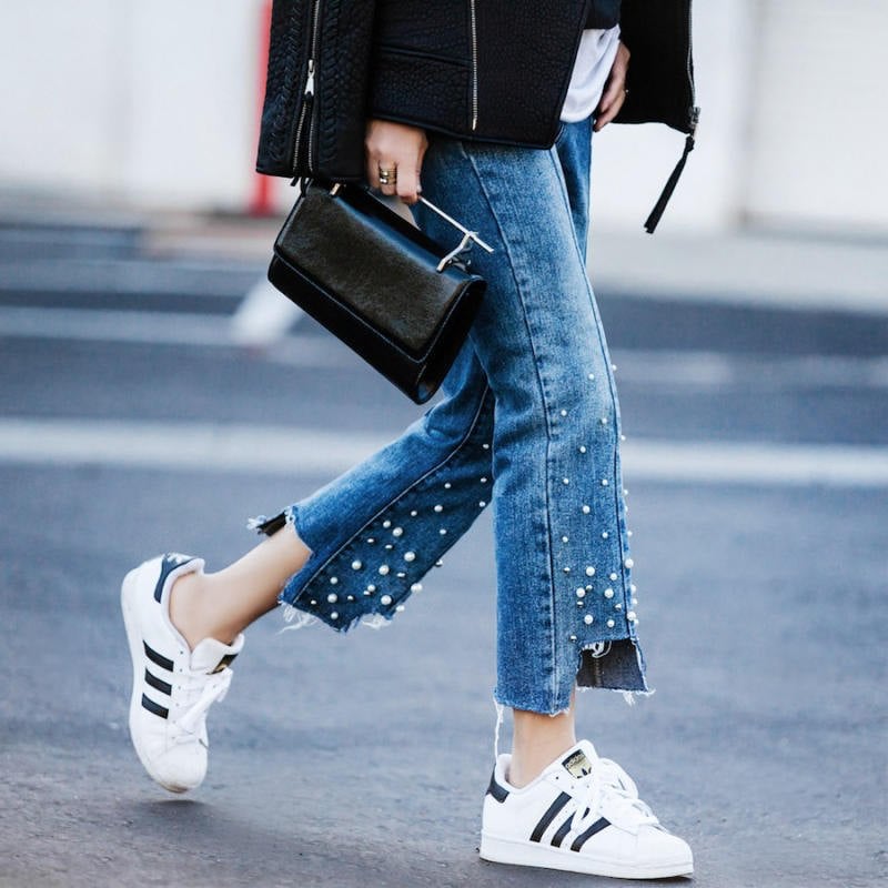 Quần lửng&nbsp; rách gấu Jeans phối Ngọc Trai