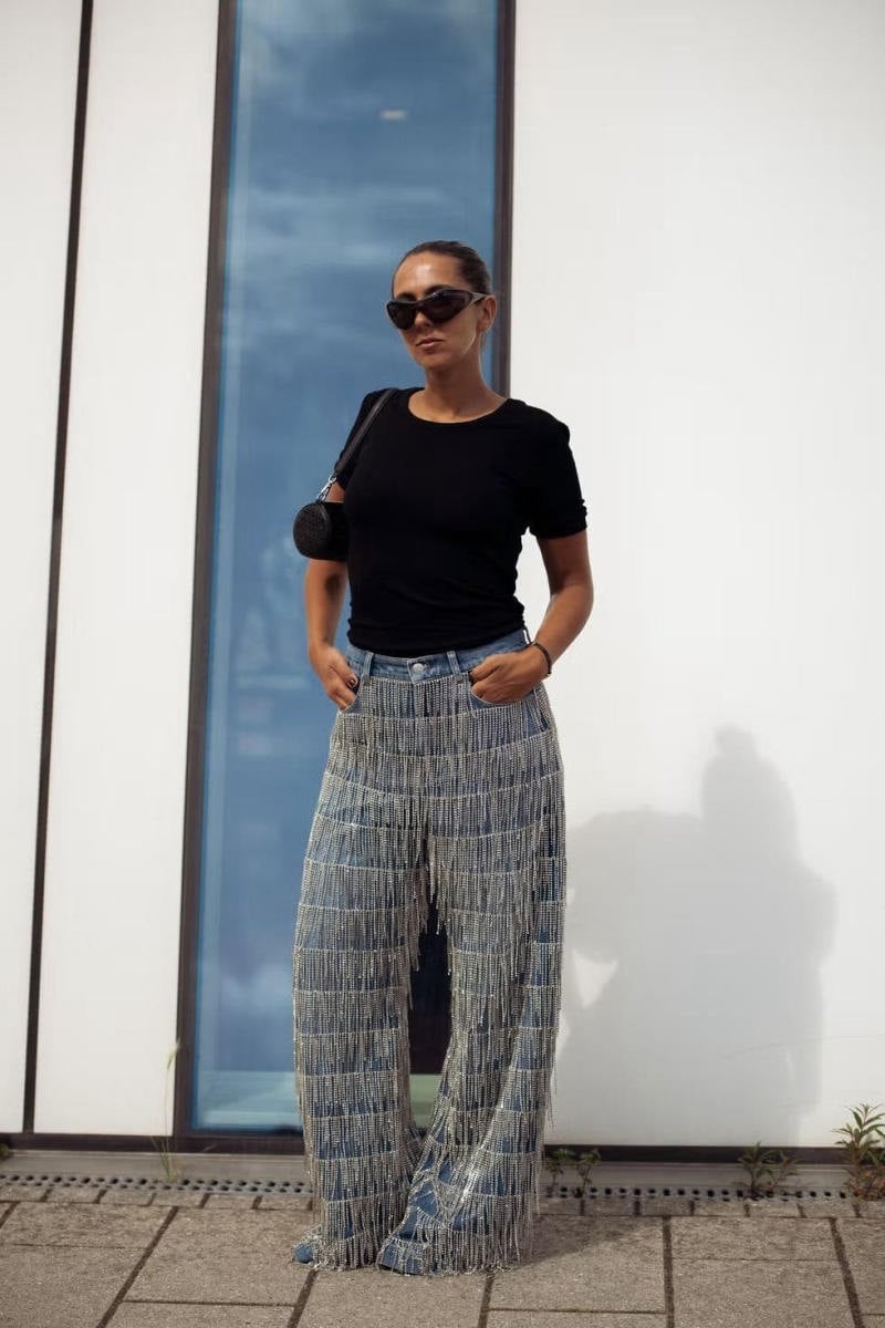 Quần Jeans Tua Rua Pha Lê