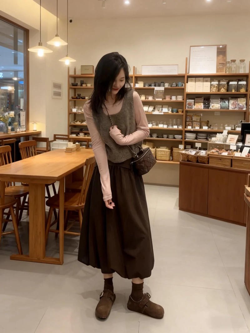 13. Áo gile len + Áo thun tay dài + Chân váy xòe + Giày Clogs