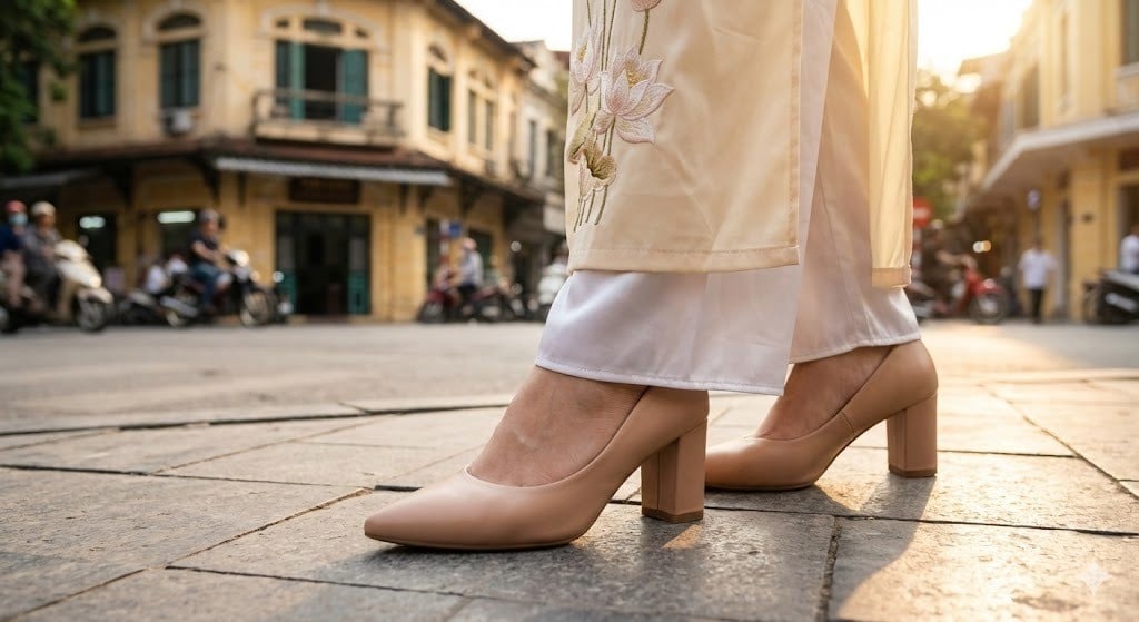 Giày Mũi Nhọn Gót Vuông Màu Nude