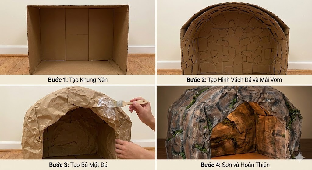 Cách làm hang đá Giáng Sinh bằng thùng carton, bìa giấy