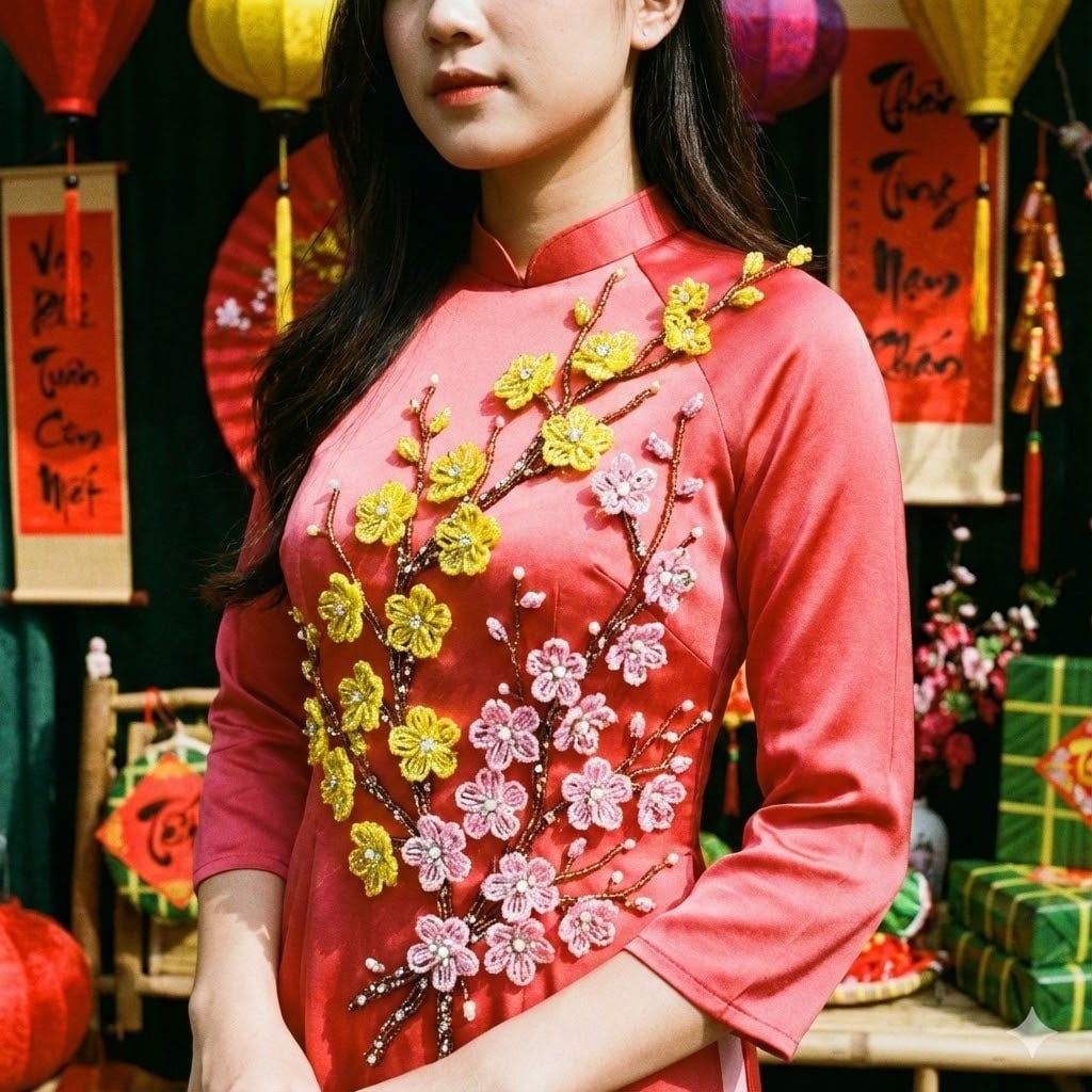 Cành hoa mai, hoa đào kết cườm tinh xảo