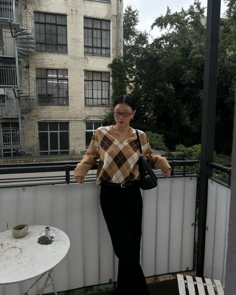 Cardigan Họa Tiết Ô Kim Cương Khoác Ngoài Áo Thun Trơn