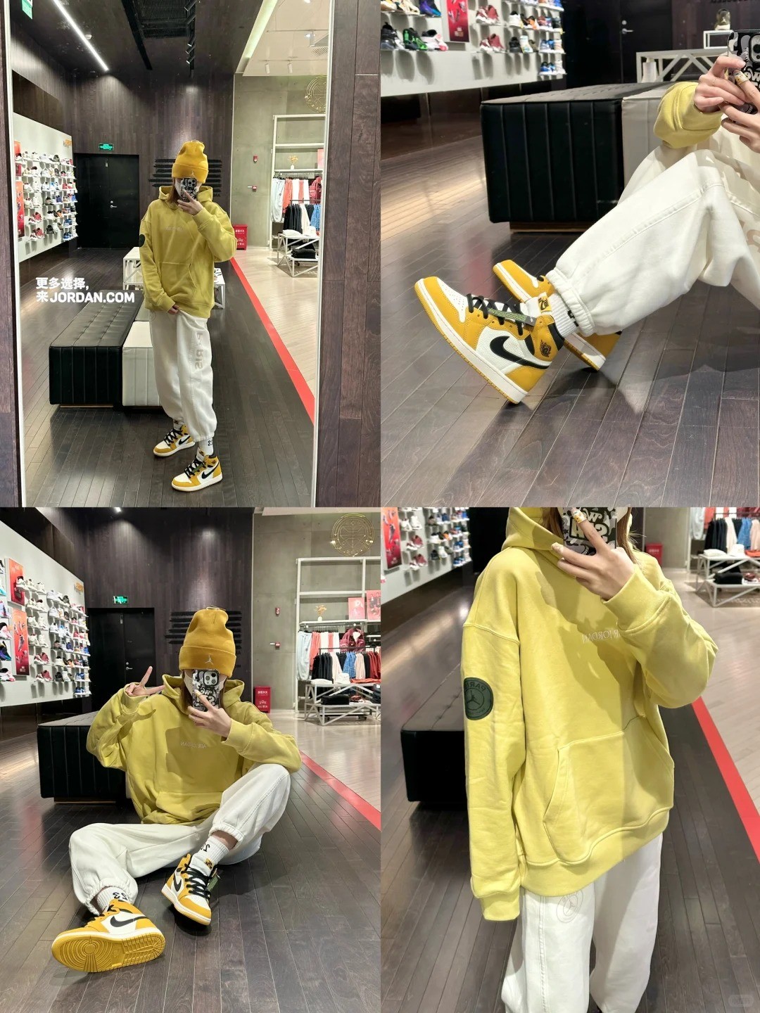 10. Hoodie vàng + Quần jogger trắng + Giày Jordan 1 