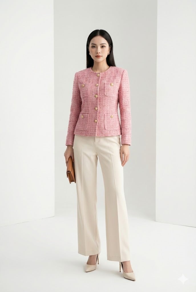 Quần ống rộng phối cùng Áo khoác dạ Tweed sang trọng