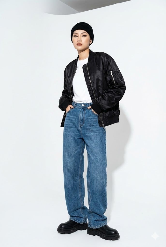 Quần ống rộng phối cùng Áo khoác Bomber cá tính