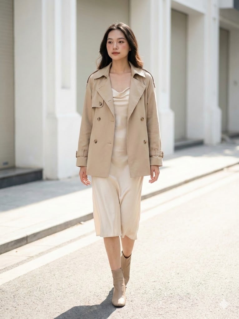 Áo măng tô ngắn phối cùng váy Slip Dress