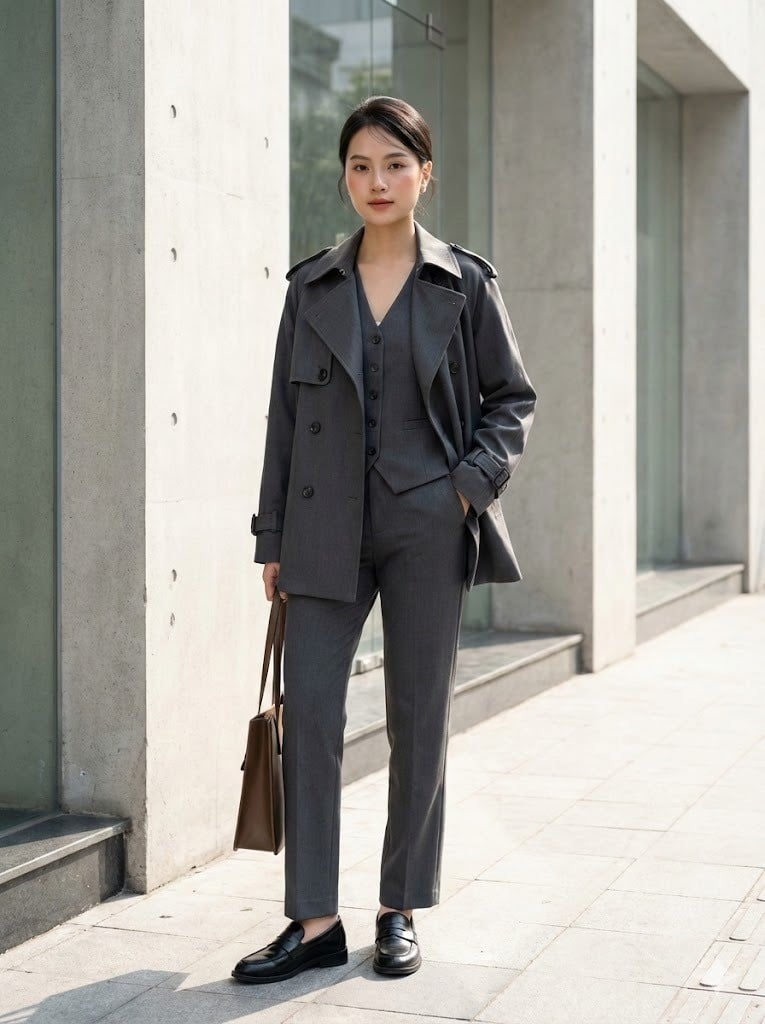 Phối áo măng tô ngắn mix quần tây ống đứng và áo Gilet