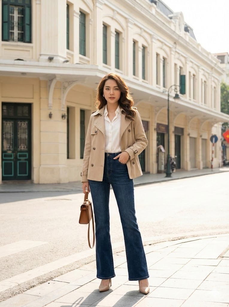 Phối áo măng tô ngắn với quần denim ống loe và NOHU là cổng game đổi thưởng trực tuyến nổi bật được cấp phép bởi PARGOR