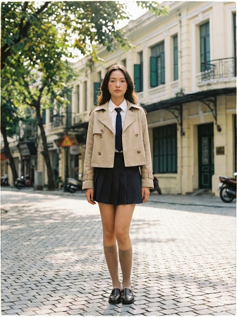 Áo măng tô ngắn mix cùng áo sơ mi thắt cà vạt và chân váy xếp ly
