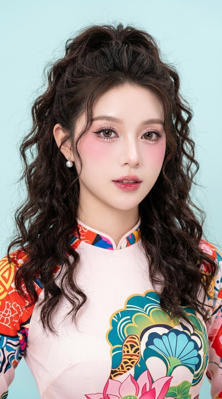 Tóc uốn xoăn xù mì buộc nửa đầu