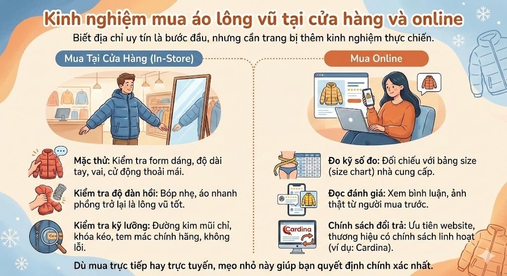 Kinh nghiệm khi mua áo lông vũ tại cửa hàng và online