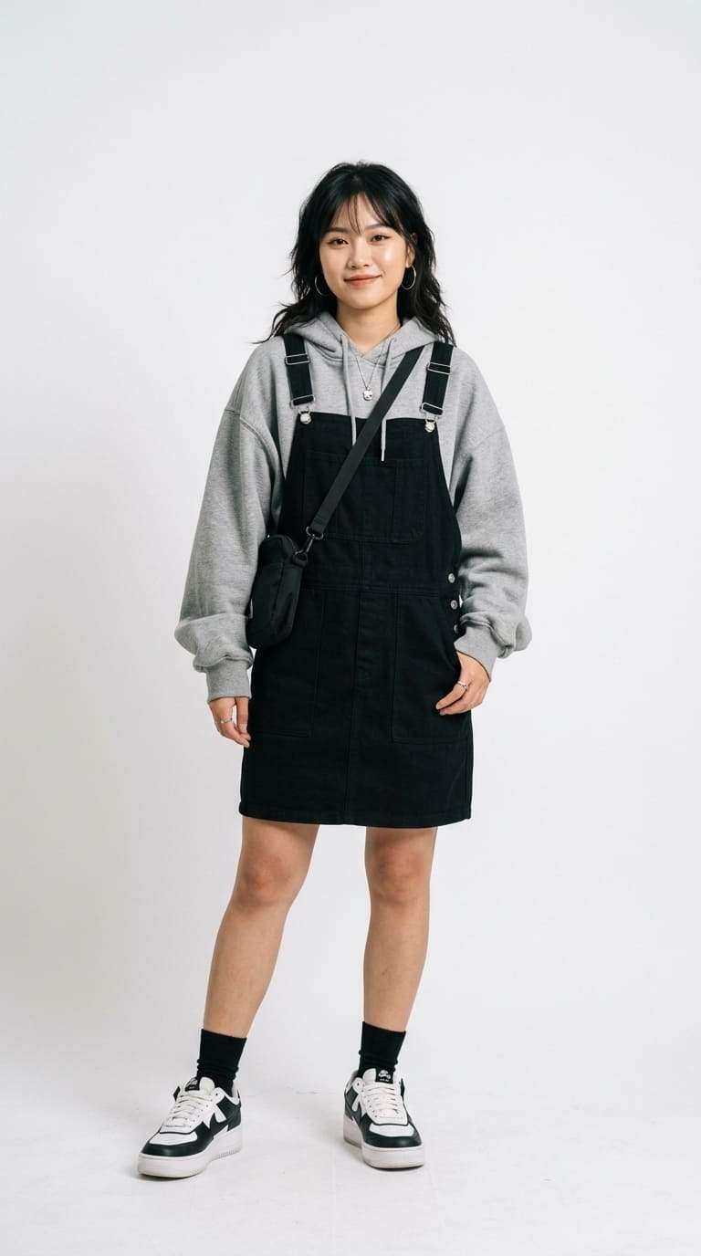 Kết hợp váy yếm đen và áo Hoodie trẻ trung
