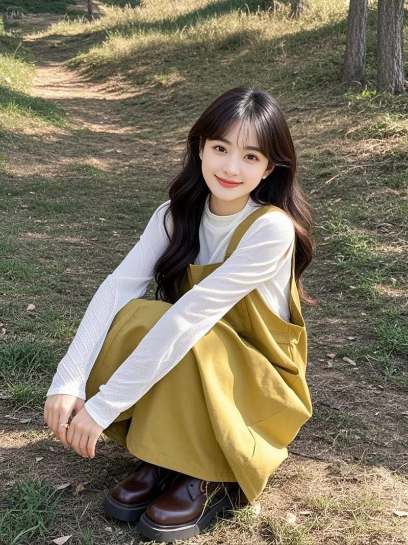 21. Yếm váy vàng mù tạt phối cùng áo thun trắng tay dài
