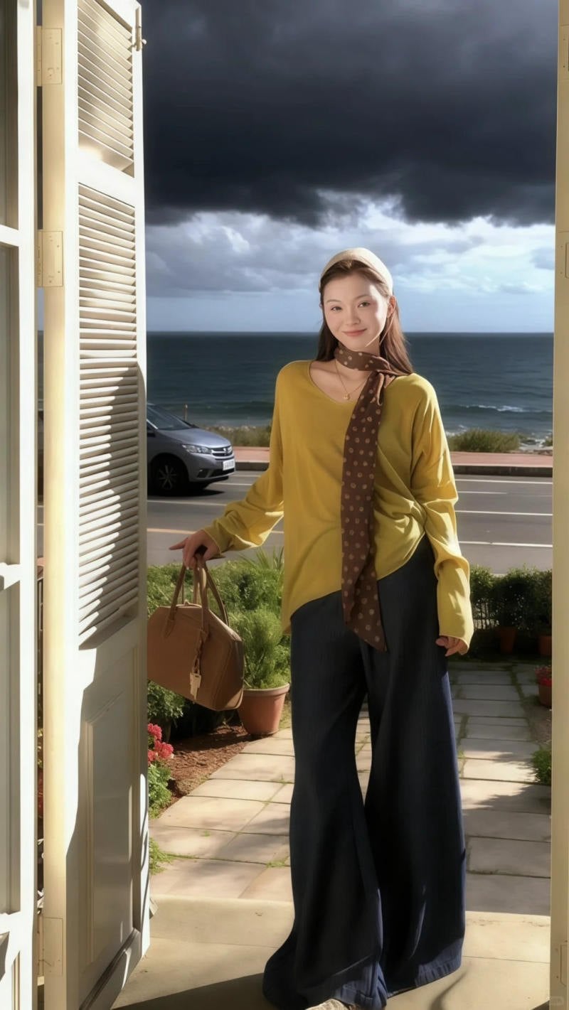 22. Áo thun vàng mù tạt phối cùng quần ống rộng xanh than và khăn lụa