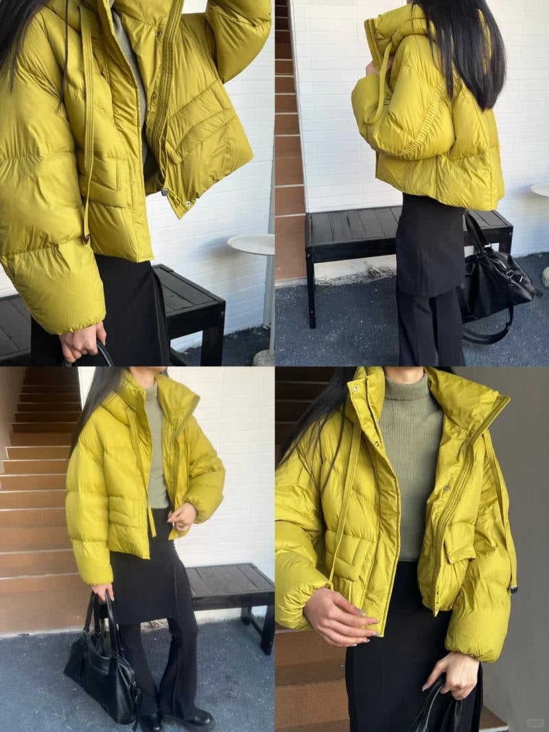 7. Áo gió vàng mù tạt phối cùng mũ len nâu và họa tiết kẻ