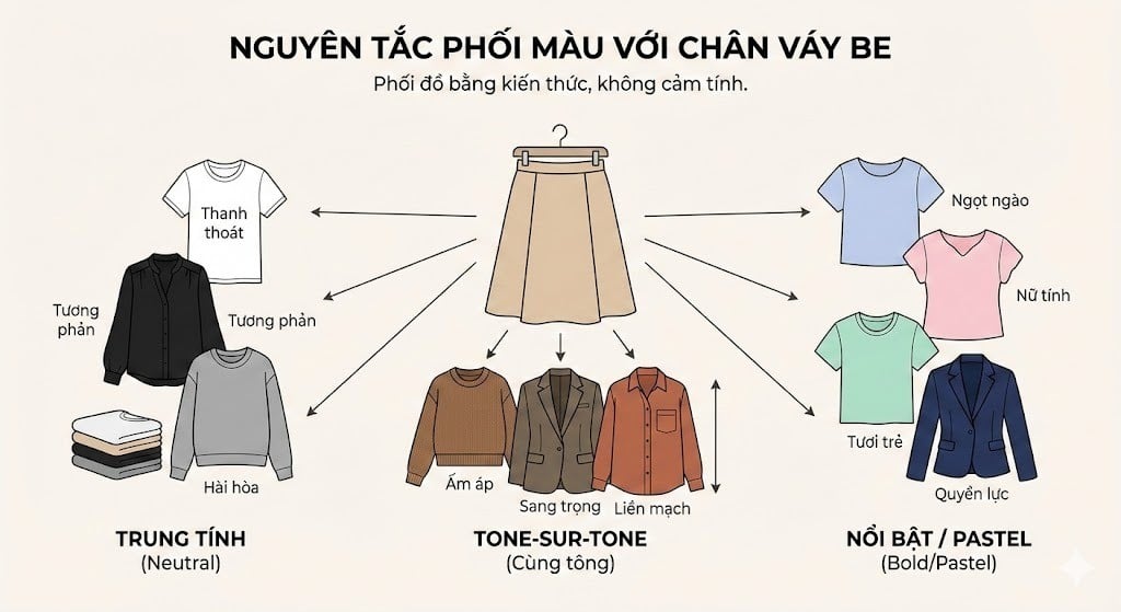 Phối cùng gam màu với chân váy màu be