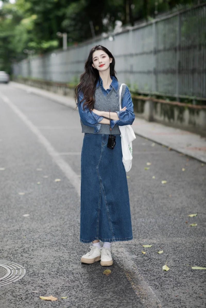 phối đồ với chân váy jean dài