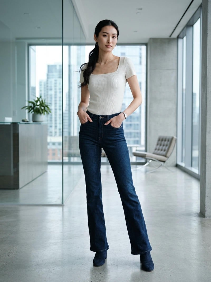 Hơi thở Y2K cùng Áo thun gân cổ vuông và Quần Jeans ống loe