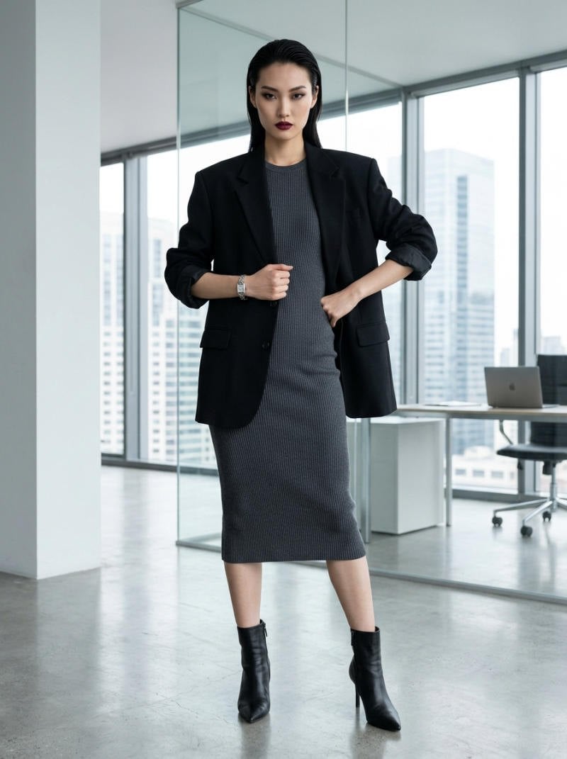 Váy midi ôm sát lẩn khuất dưới Blazer độn vai