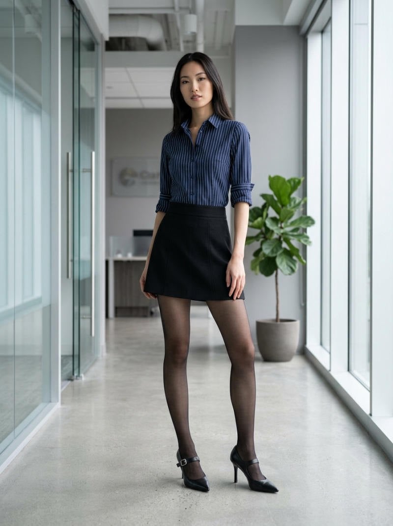 Sơ mi kẻ sọc (Pinstripe) và Chân váy mini đen
