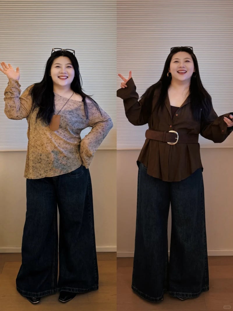 cách phối đồ với quần ống rộng cho người béo