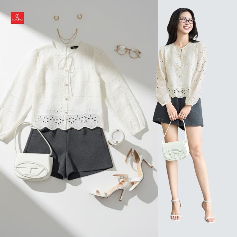 Áo blouse ren lỗ và quần short cạp cao